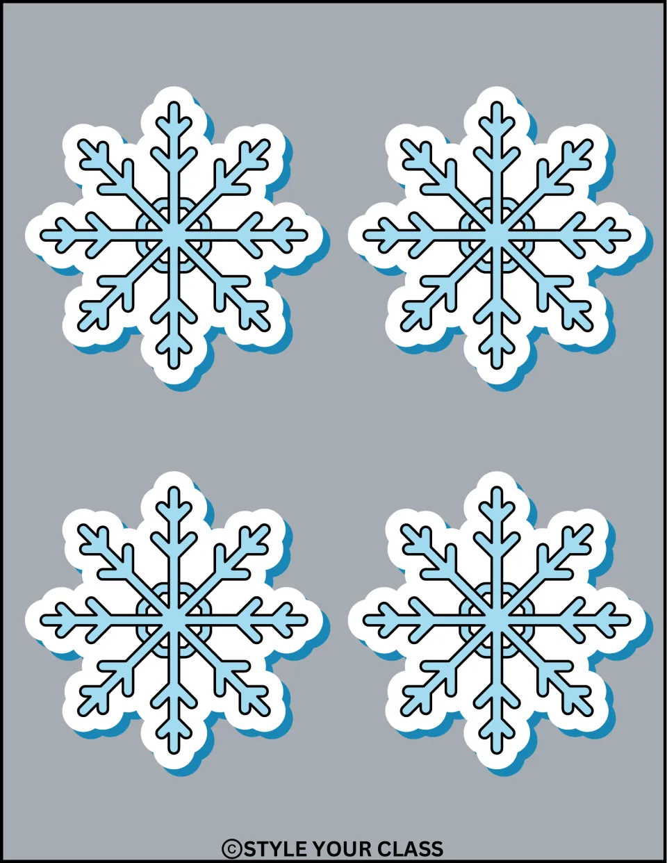 Snowflake decorations: four small matching light-blue snowflakes with white outlines on gray, to cut out and scatter