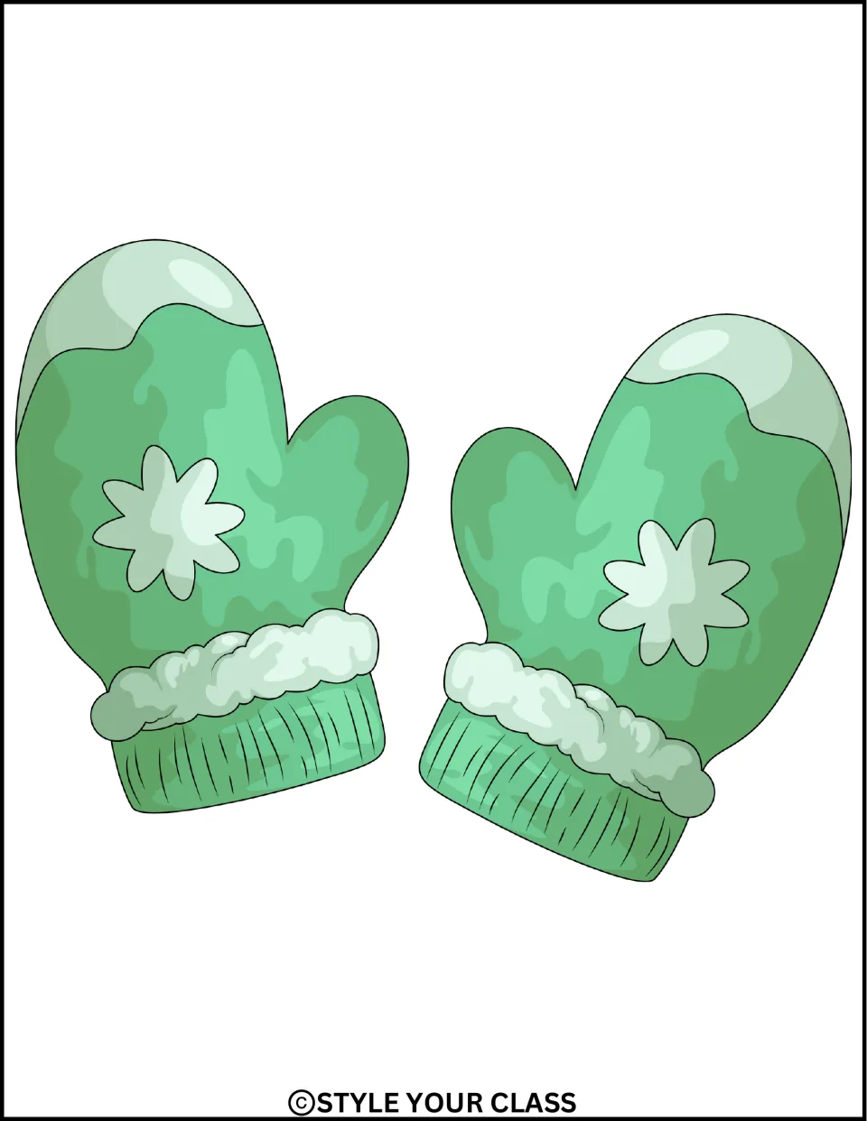 Mitten decoration: one large pair of green mittens with snowflake patterns and fluffy white cuffs, ready to cut out