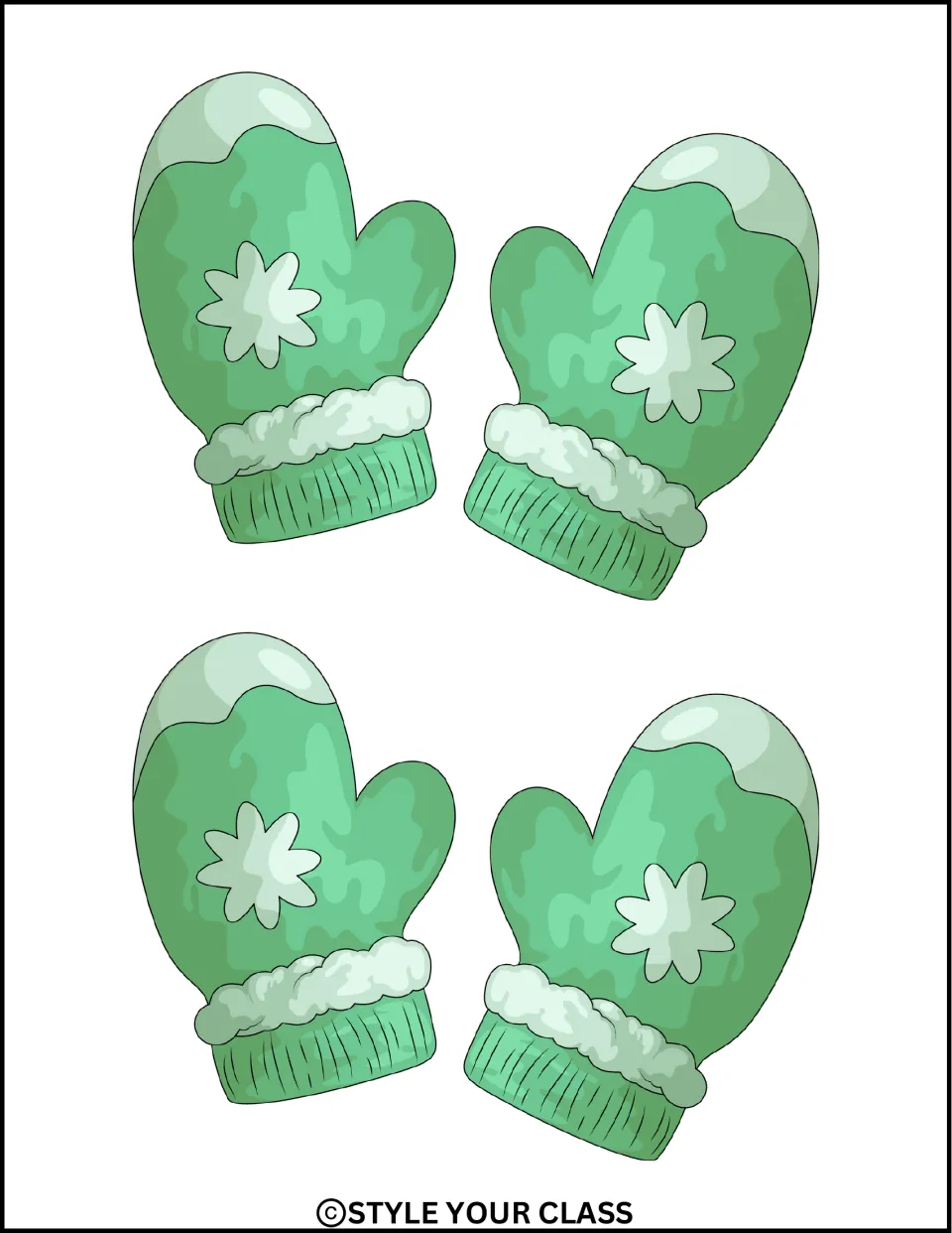 Mitten decorations: two medium pairs of green mittens with white fluffy cuffs and snowflake shapes for cutting out
