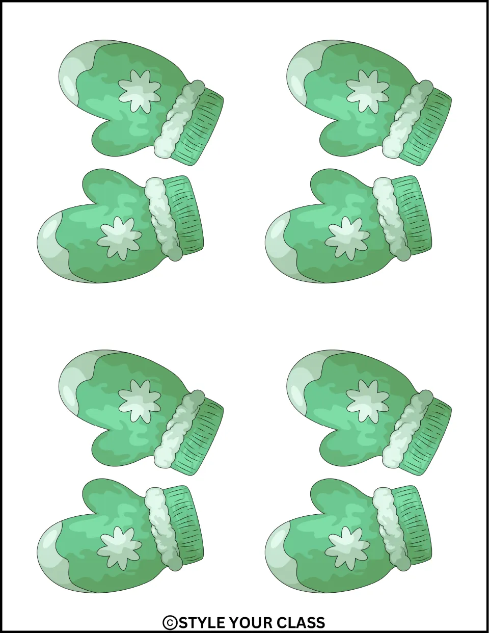 Mitten decorations: four small pairs of sideways green mittens with white cuffs and snowflake marks to cut out
