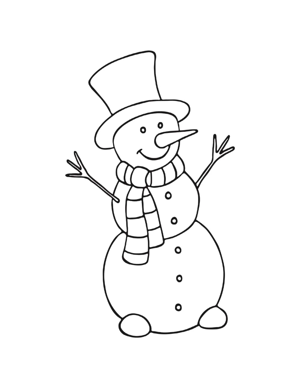 Snow person coloring template with a hat, scarf, buttons, and feet to color according to eight preferences.