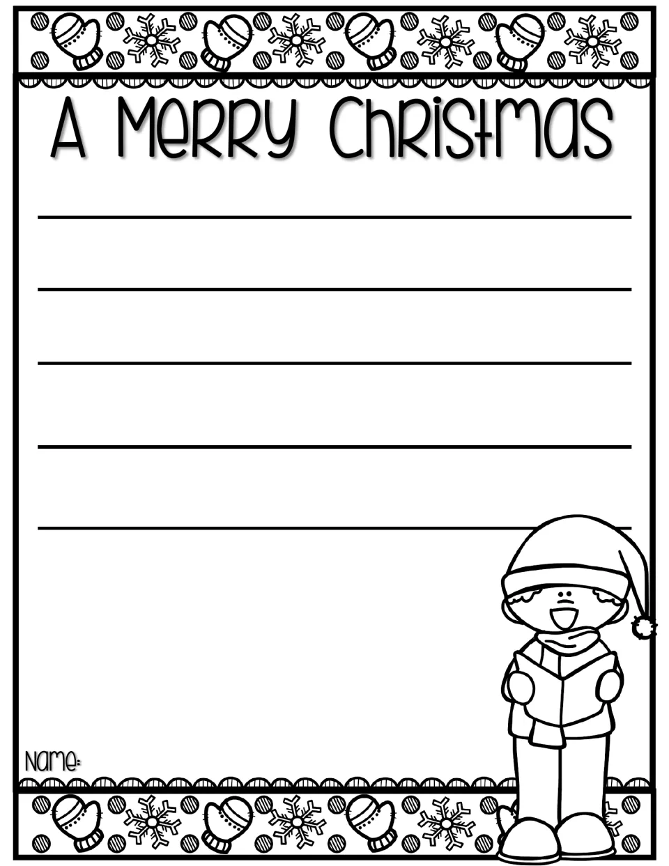 A Merry Christmas writing without a starter: students write about their holiday in their own words beside a caroling child