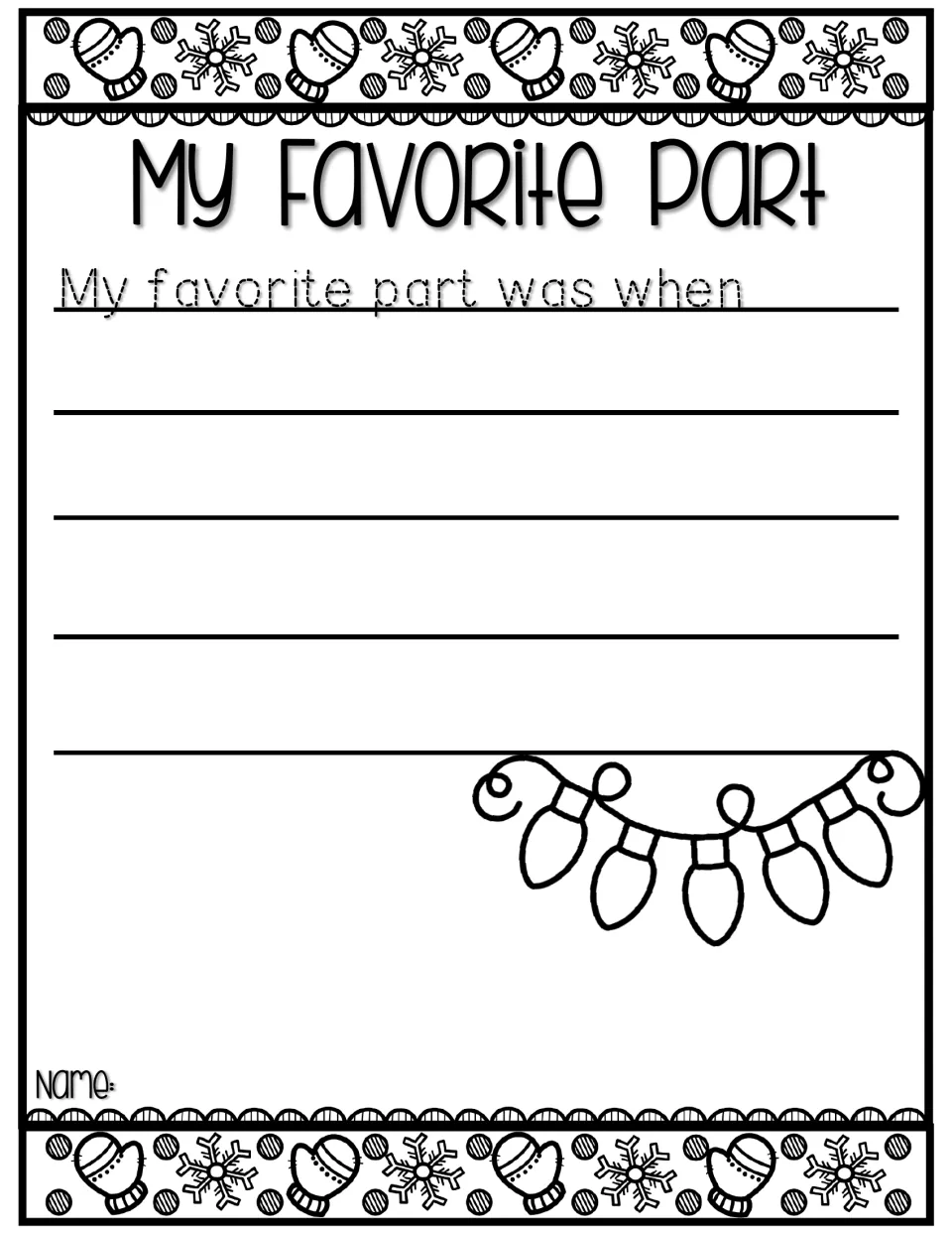 My Favorite Part story response: students trace 'My favorite part was when' and recall a favorite event from the book