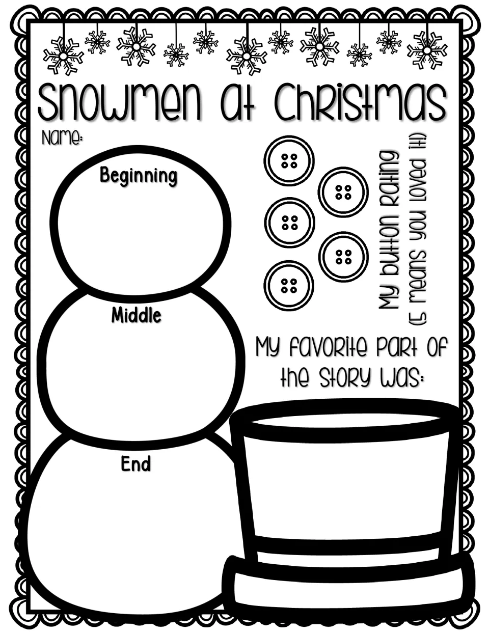 Story retell: students write beginning, middle and end on a snowman, rate the book with buttons and share a favorite part