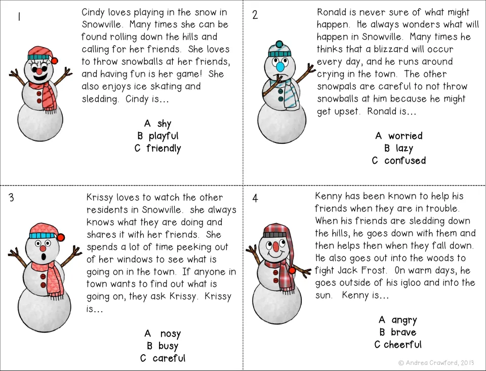 Task cards 1-4: students read about snowpals Cindy, Ronald, Krissy and Kenny and pick each one's trait from three choices