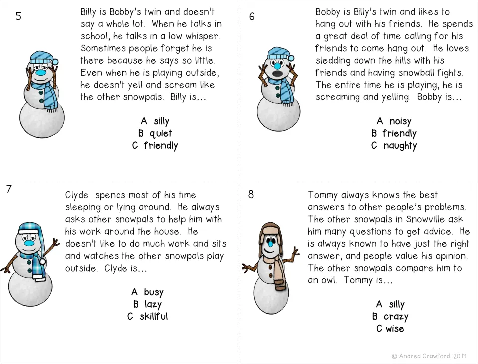 Task cards 5-8: students read about twins Billy and Bobby, Clyde and Tommy, then choose the trait that fits each snowpal