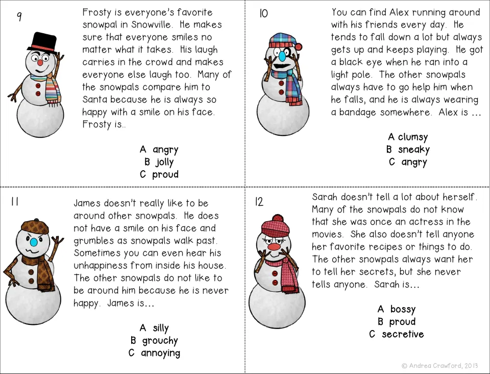 Task cards 9-12: students infer the traits of Frosty, Alex, James and Sarah from what each snowpal does, choosing A, B or C