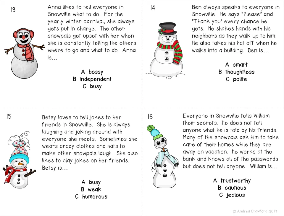 Task cards 13-16 on Anna, Ben, Betsy and William: read each snowpal's description and choose a trait from 3 options