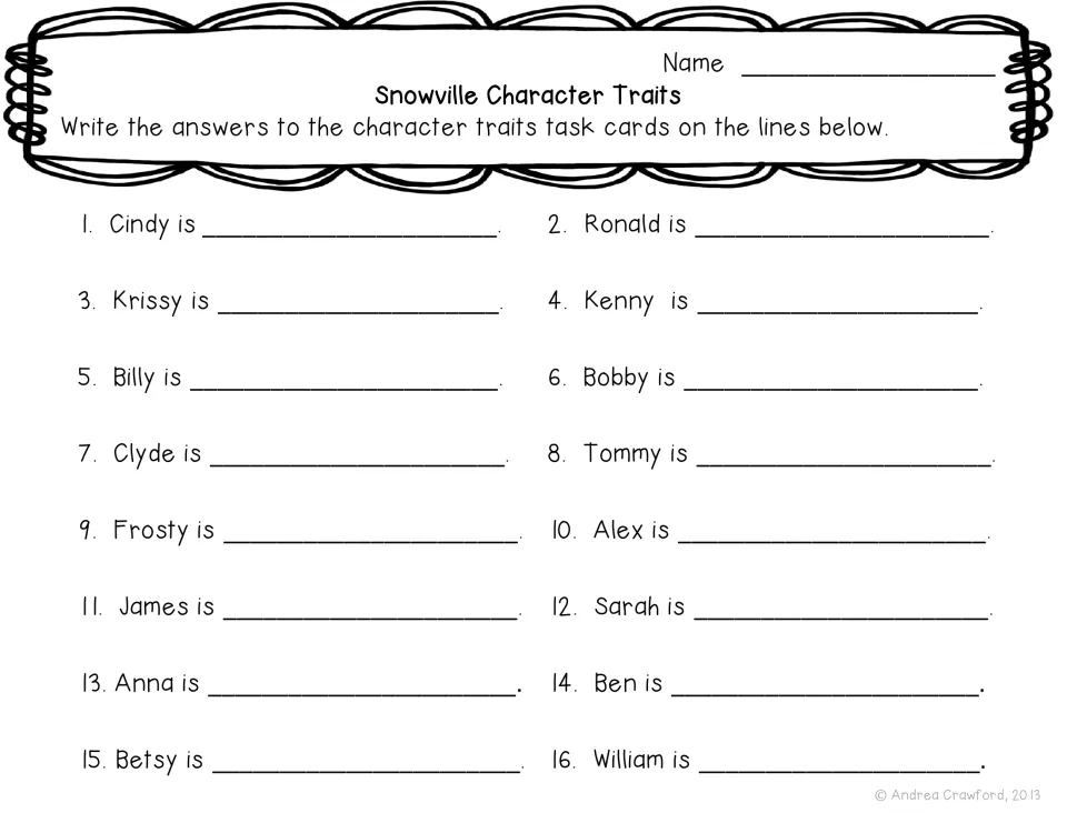 Snowville Character Traits recording sheet: students write the trait for each of the 16 snowpals, from Cindy to William