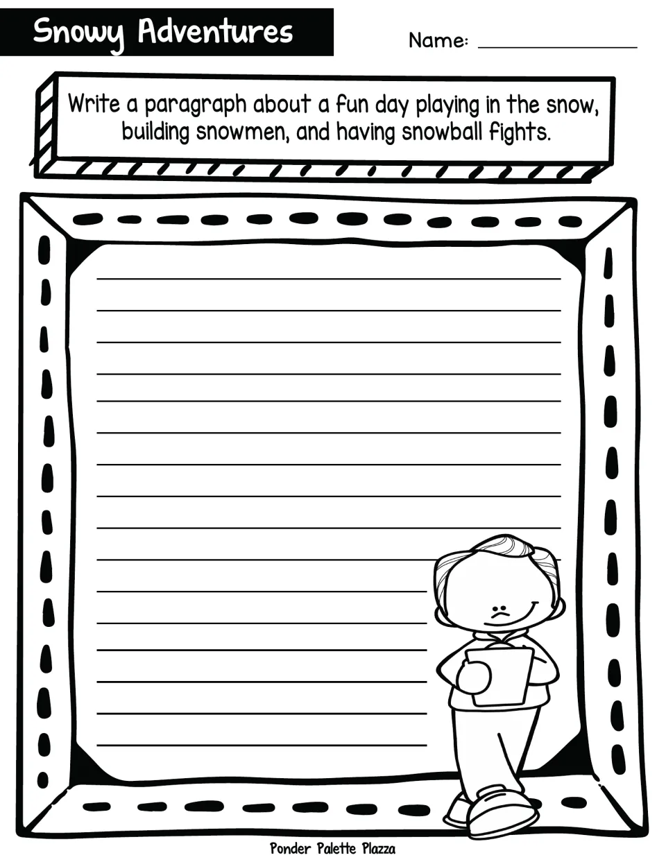 Snowy Adventures prompt: students write a paragraph about a fun snow day of building snowmen and snowball fights