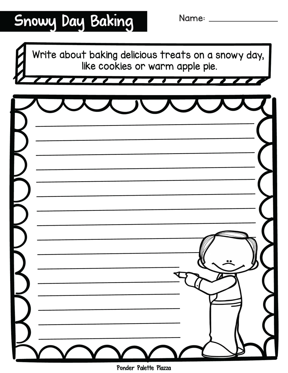 Snowy Day Baking writing prompt: students write about baking treats on a snowy day, like cookies or warm apple pie