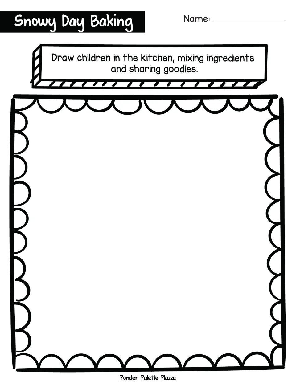 Winter baking drawing prompt: students illustrate children in a kitchen mixing ingredients and sharing goodies