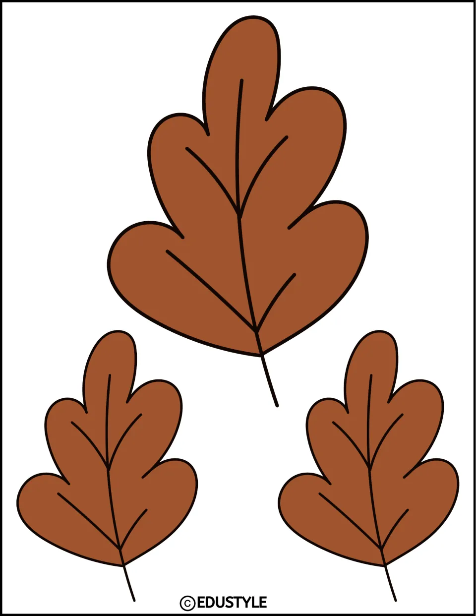 Fall leaf decorations: one large and two small brown lobed leaves in the mirrored direction, with veins to cut out