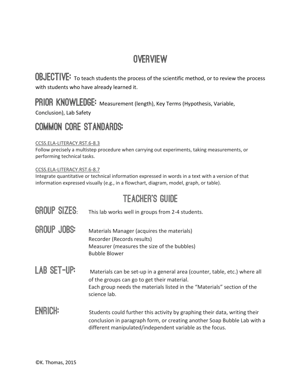 Teacher guide for the bubble experiment: objective, prior knowledge, group jobs, setup, and enrichment.