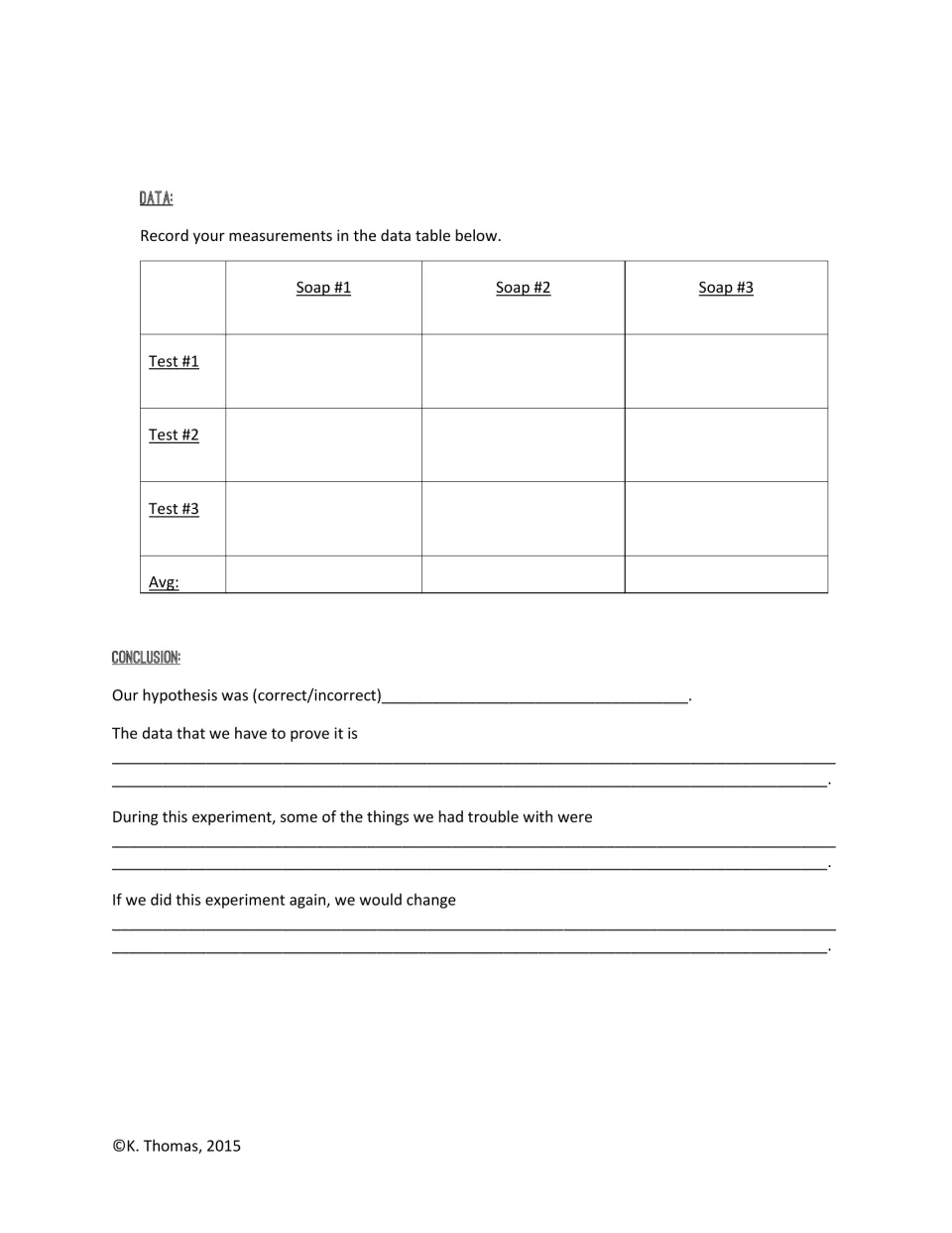 Bubble experiment data table for three soaps tested three times, averages, and prompts for a conclusion.