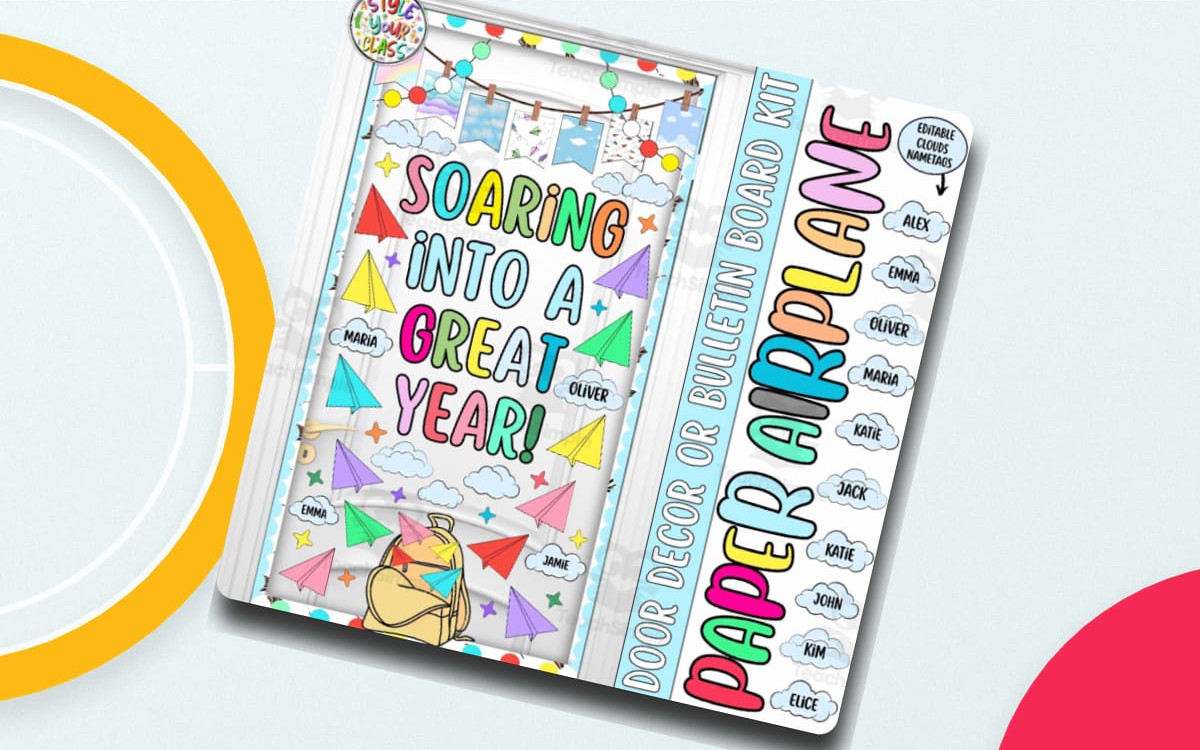 Soaring Into a Great Year classroom decor cover with airplanes, clouds, editable name tags, and display mockup.