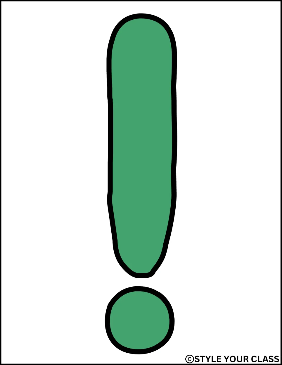Exclamation mark cut-out: full-page green exclamation point with a black outline to finish the display headline