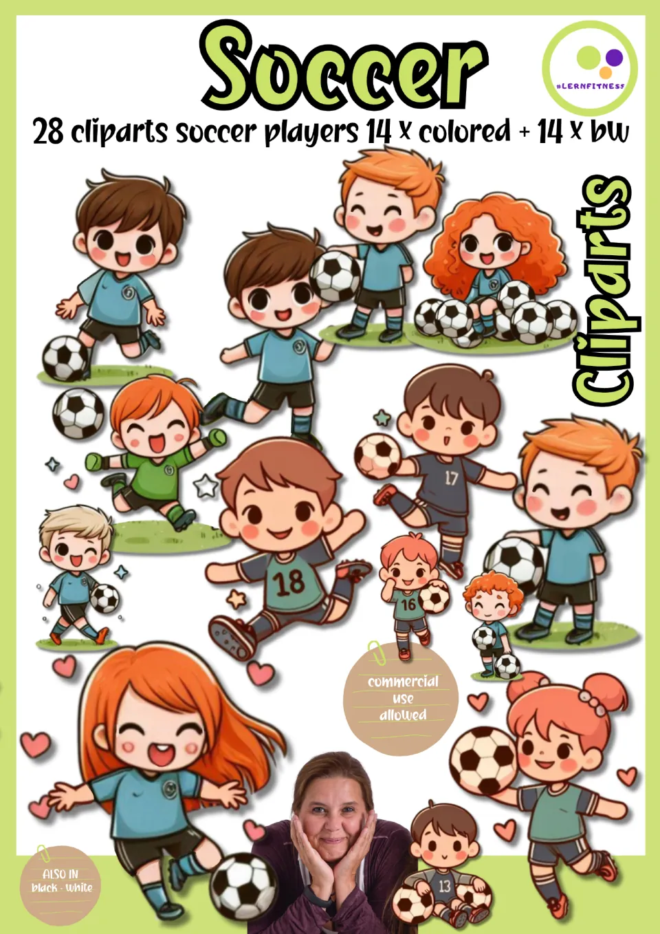 Soccer cliparts cover: 28 cartoon soccer players, 14 colored and 14 black-and-white, kicking and holding soccer balls