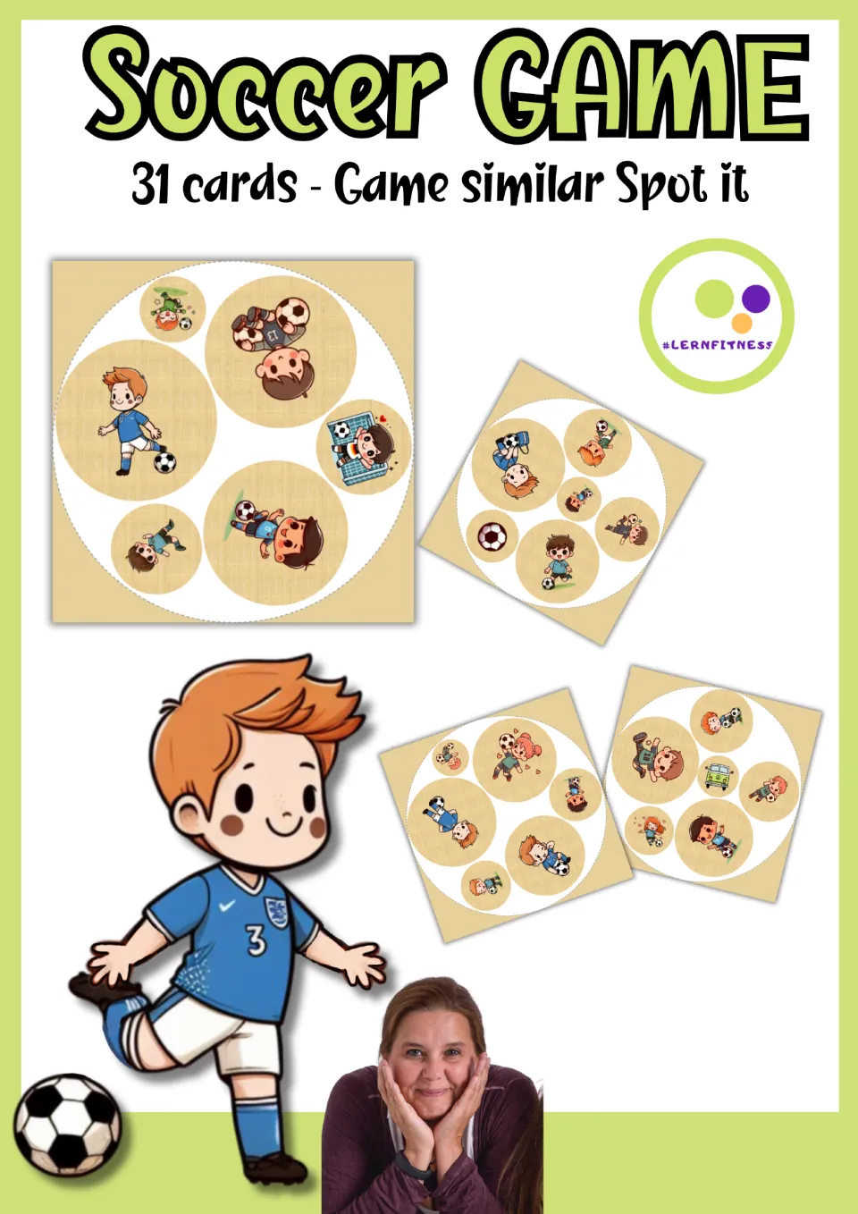Soccer Game cover: 31 picture cards for a Spot It style matching game, showing sample cards of cartoon soccer players
