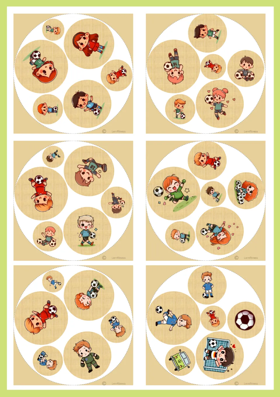 Soccer matching cards, sheet 1: players scan six cartoon footballers, a ball, a goalie and a van to find the shared picture