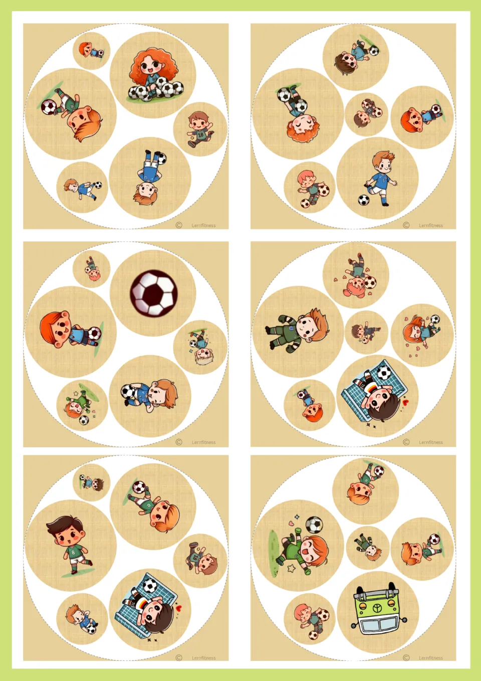 Spot the match card set: six cards mixing curly-haired girl with balls, goalie in net and van for visual discrimination