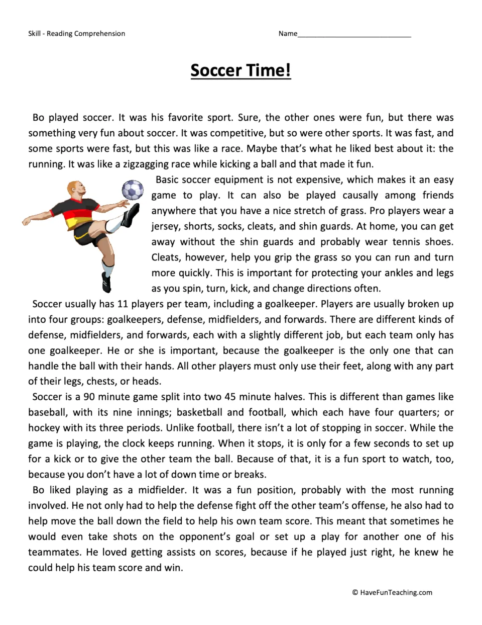 Soccer Time! reading passage: students read about Bo, soccer equipment, 11-player teams, positions and 90-minute games