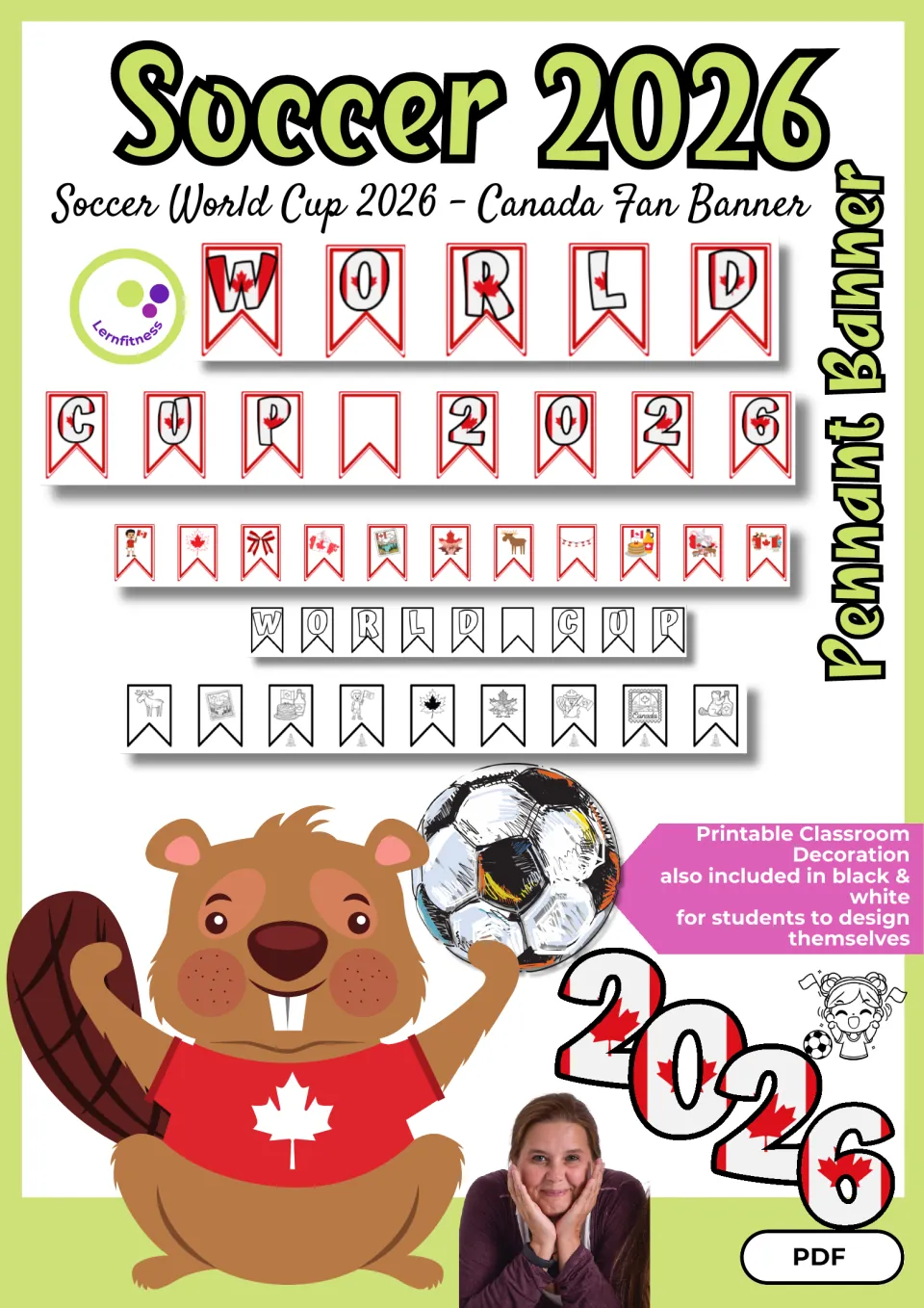 Cover of the Canada World Cup 2026 pennant banner, showing color and black-and-white classroom display options