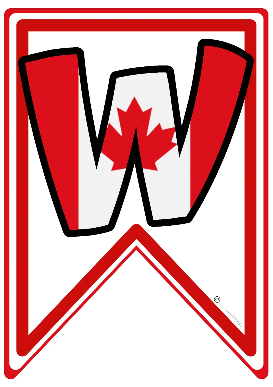 Letter W pennant with a Canadian flag design, beginning the word WORLD in the classroom soccer banner
