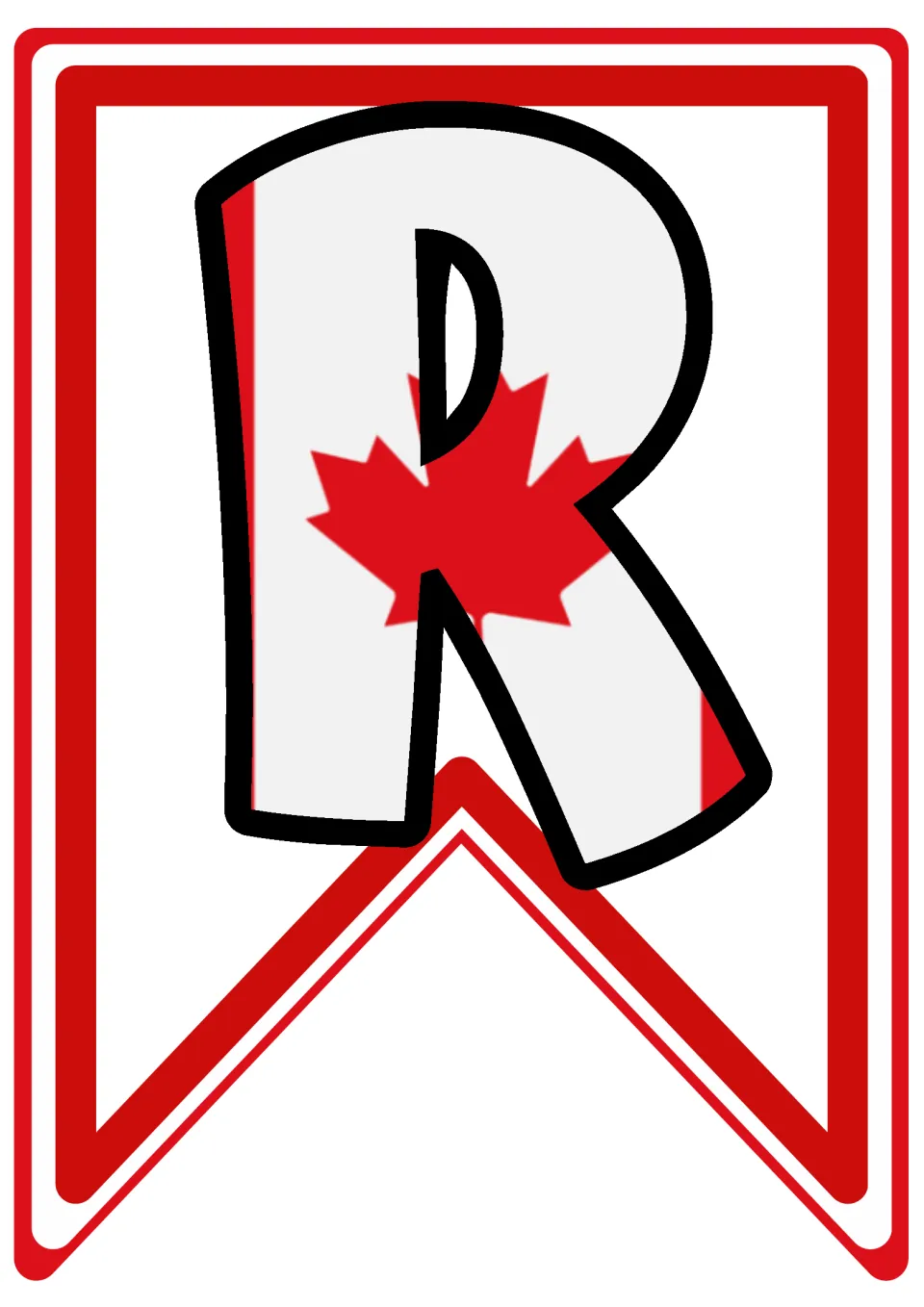Letter R pennant with a Canadian flag design, the third letter of WORLD in the classroom soccer banner