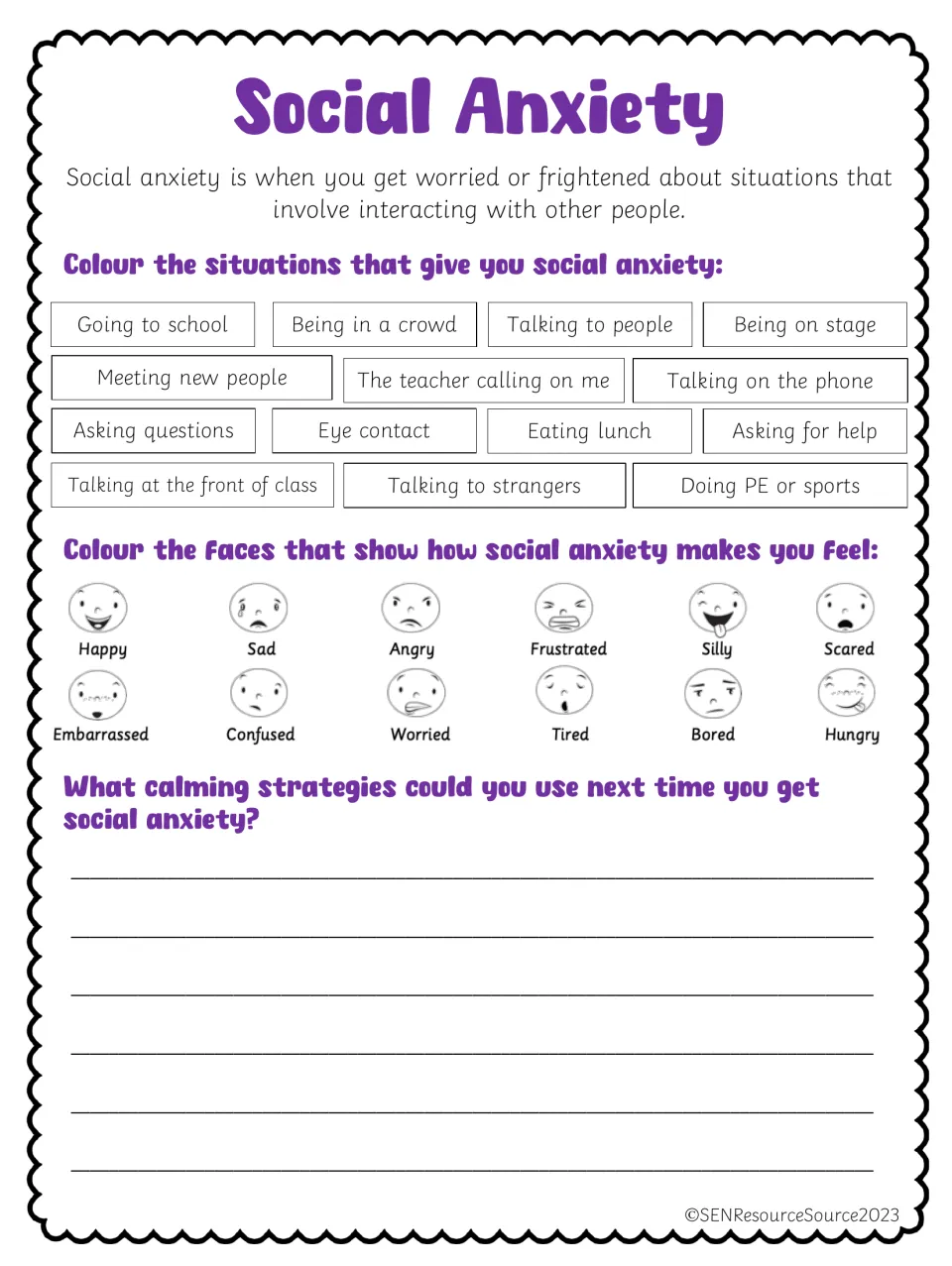 Social anxiety: students colour situations that worry them, colour feeling faces and write calming strategies to use