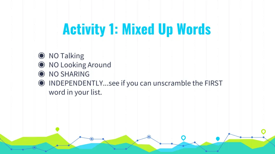 Mixed Up Words activity slide directing students to unscramble the first word independently without talking