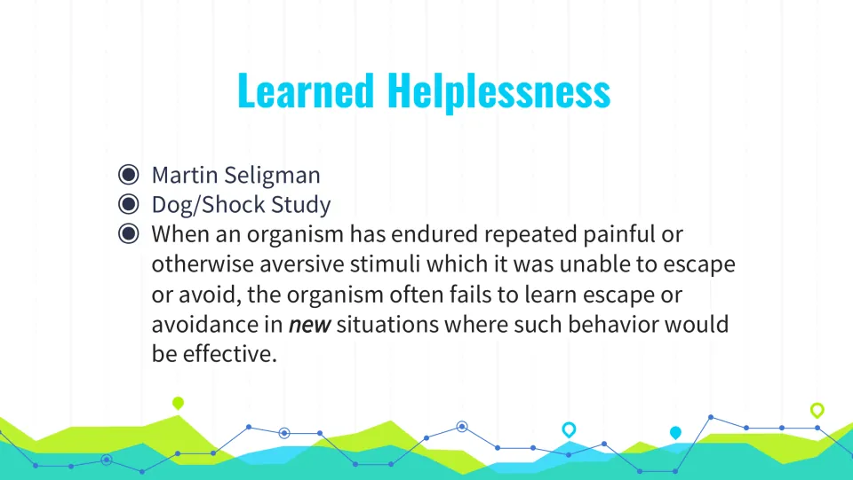Learned helplessness lecture slide naming Martin Seligman and explaining failure to escape after repeated pain
