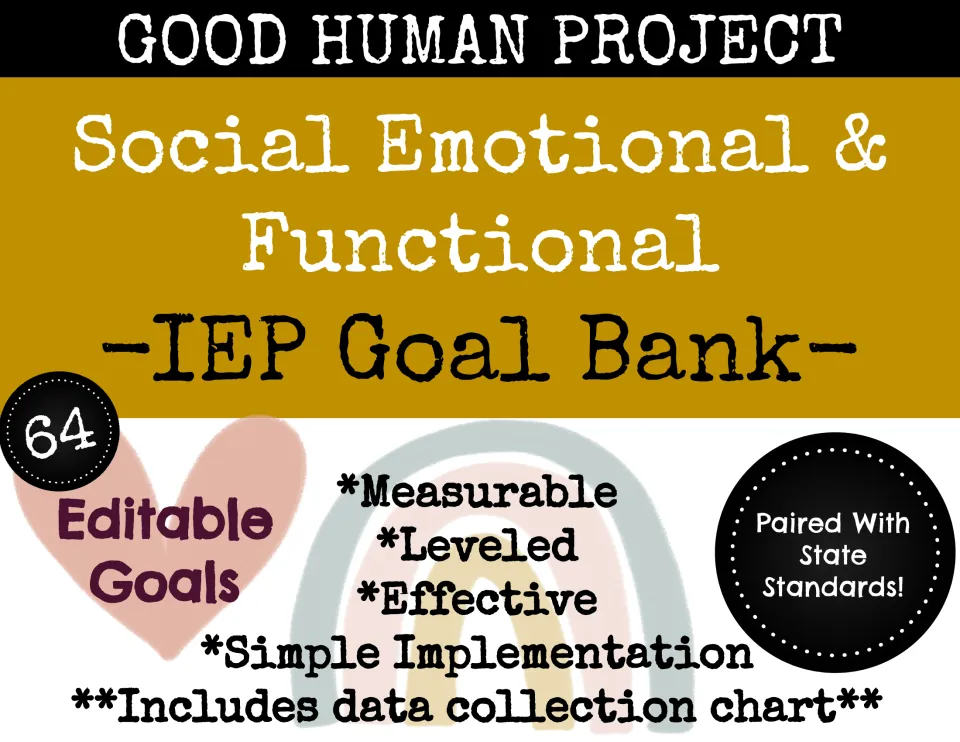 Social-Emotional & Functional IEP Goal Bank cover: 64 editable goals, state standards and a data chart
