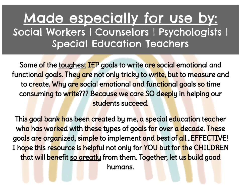 IEP goal bank introduction for social workers, counselors, psychologists and special education teachers
