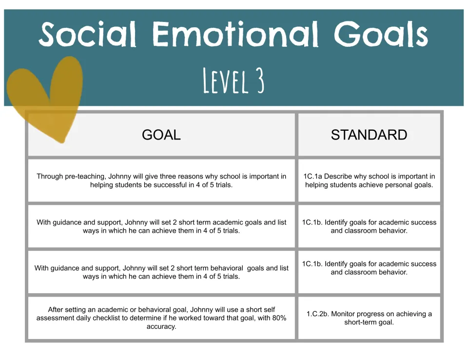 Level 3 IEP goals: explaining school’s importance, setting academic and behavior goals and tracking progress