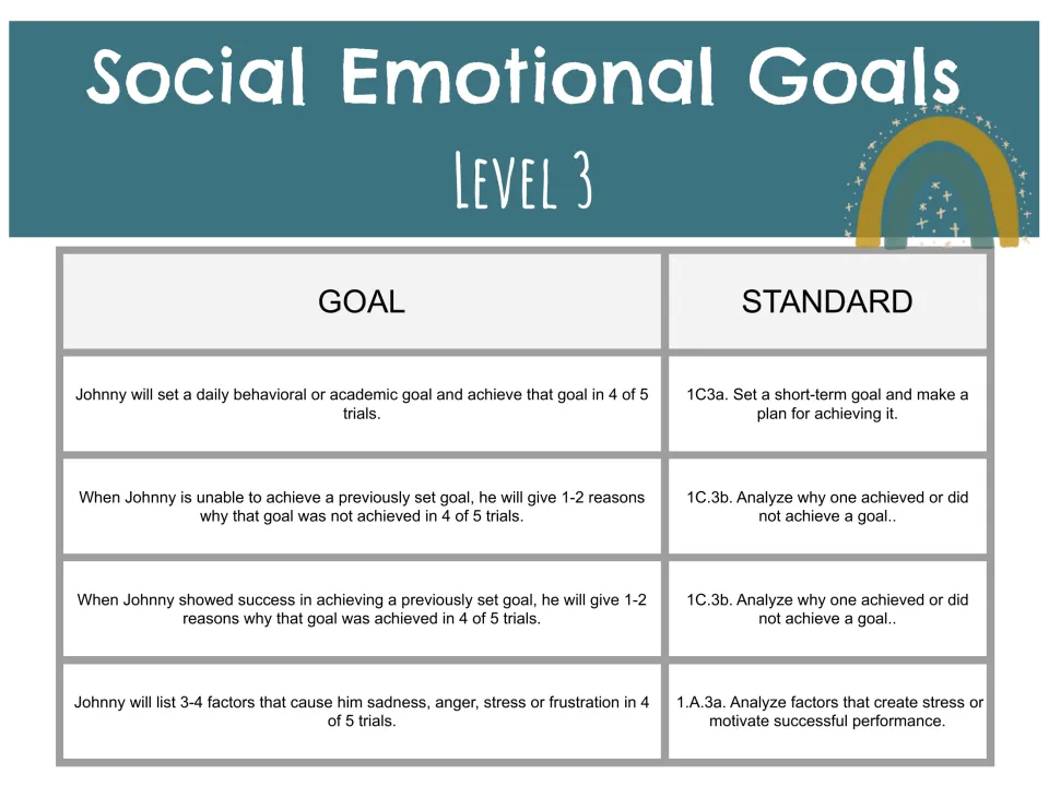 Level 3 IEP goals: meeting daily goals, explaining success or unmet goals and identifying emotional triggers