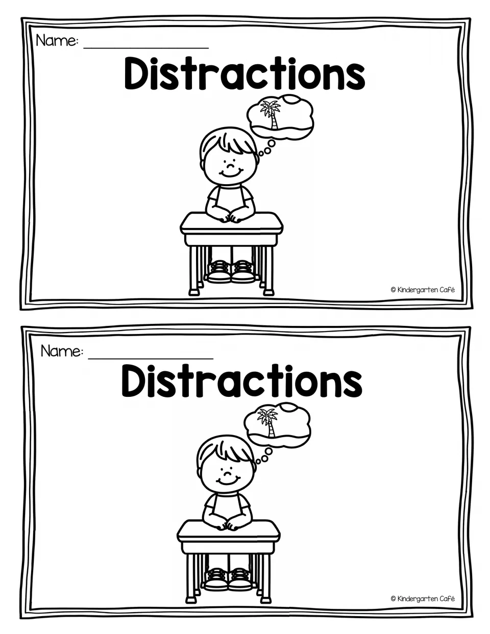 Two copies of the Distractions reader cover show a child at a desk thinking about an island, with a name space.