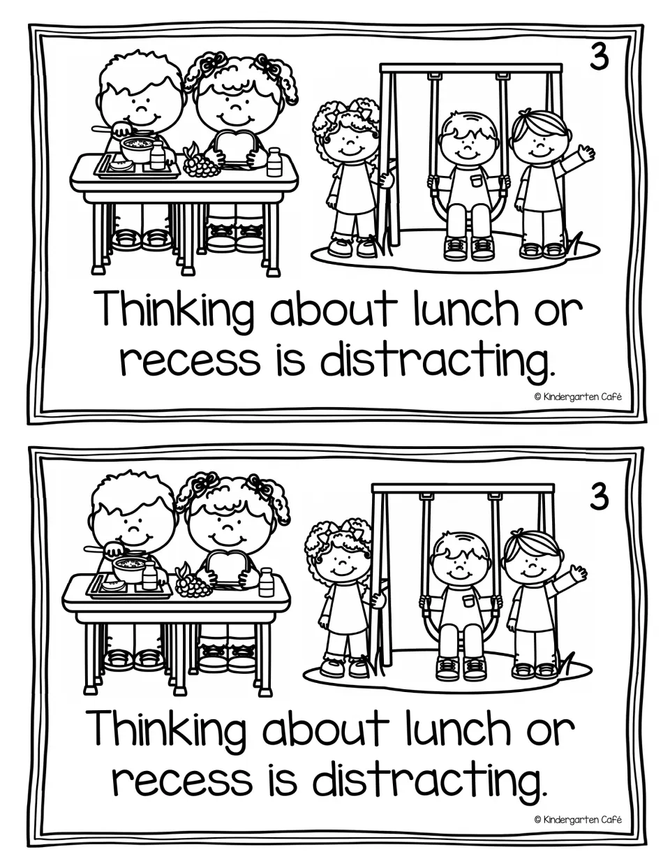 Reader page 3, printed twice: 'Thinking about lunch or recess is distracting,' with eating and playground scenes.
