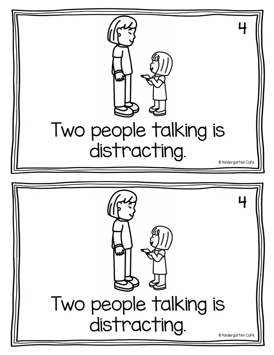 Reader page 4, printed twice: an adult and child talk above 'Two people talking is distracting.'
