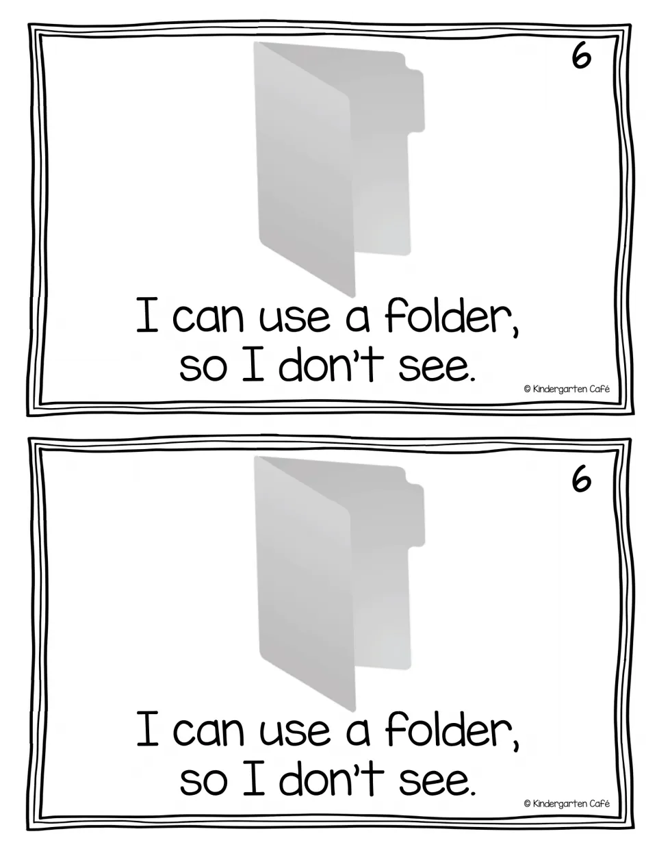 Reader page 6, printed twice: an open folder illustrates 'I can use a folder, so I don’t see.'