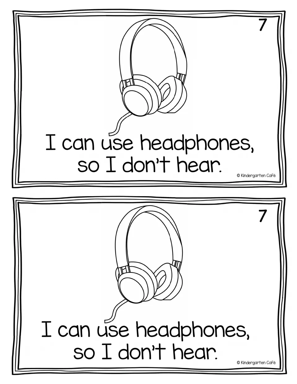 Reader page 7, printed twice: headphones illustrate 'I can use headphones, so I don’t hear.'
