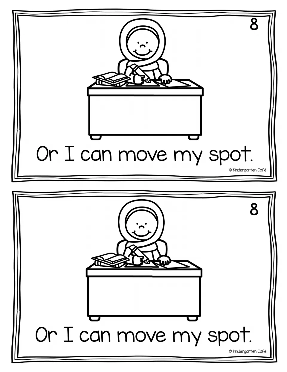 Reader page 8, printed twice: a child writes at a desk above the sentence 'Or, I can move my spot.'