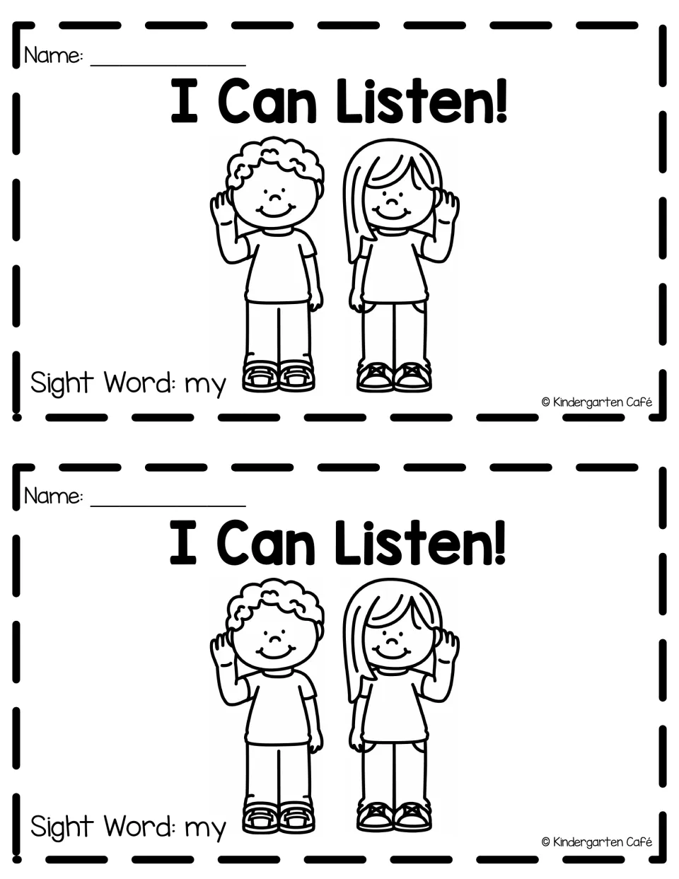 Booklet cover titled “I Can Listen!” with two children listening and “Sight Word: my,” printed twice.