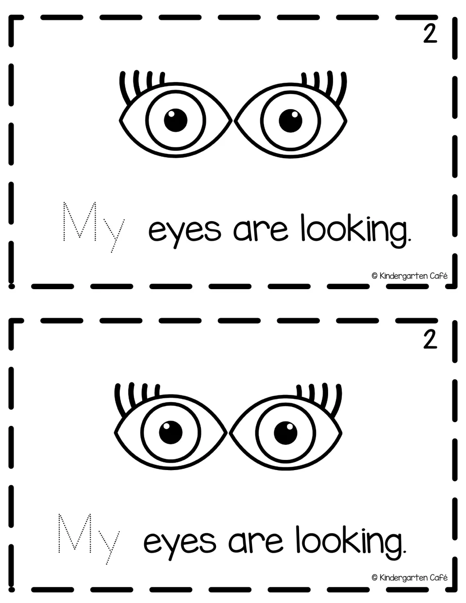 Reader page 2, printed twice: “My eyes are looking.” with an eyes illustration and a traceable “My.”