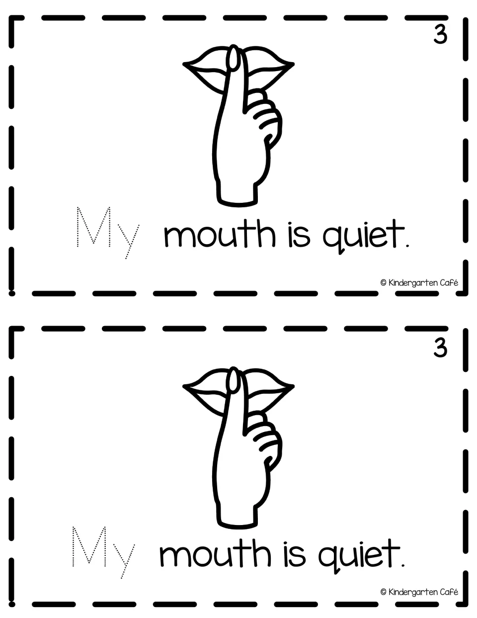 Reader page 3, printed twice: “My mouth is quiet.” with a finger held to lips and a traceable “My.”