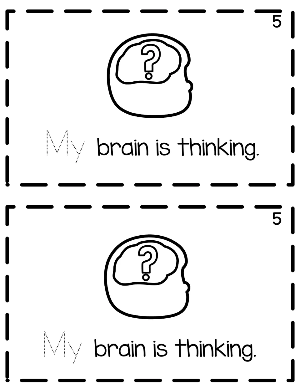 Reader page 5, printed twice: “My brain is thinking.” with a head and question mark and a traceable “My.”