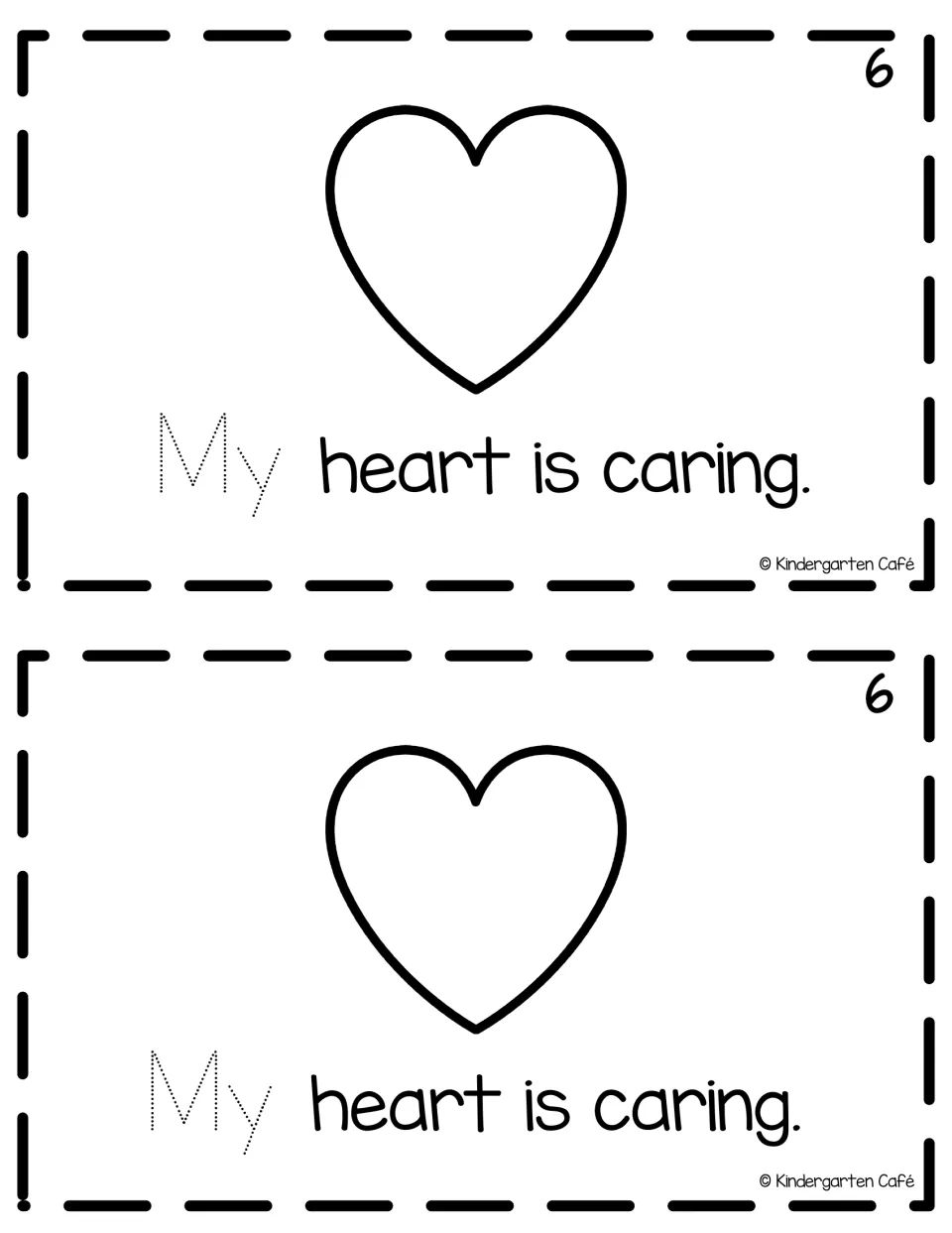 Reader page 6, printed twice: “My heart is caring.” with a heart illustration and a traceable “My.”