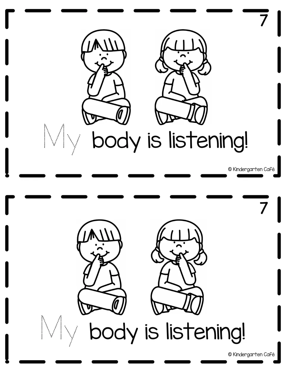 Reader page 7, printed twice: “My body is listening!” with two seated children and a traceable “My.”