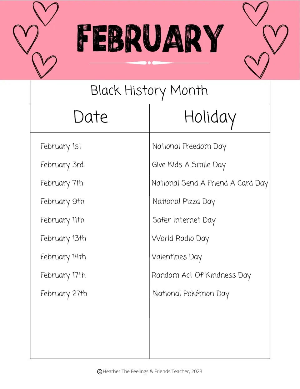 February holiday list: Black History Month, National Freedom Day, Valentine's Day, and Random Act of Kindness Day