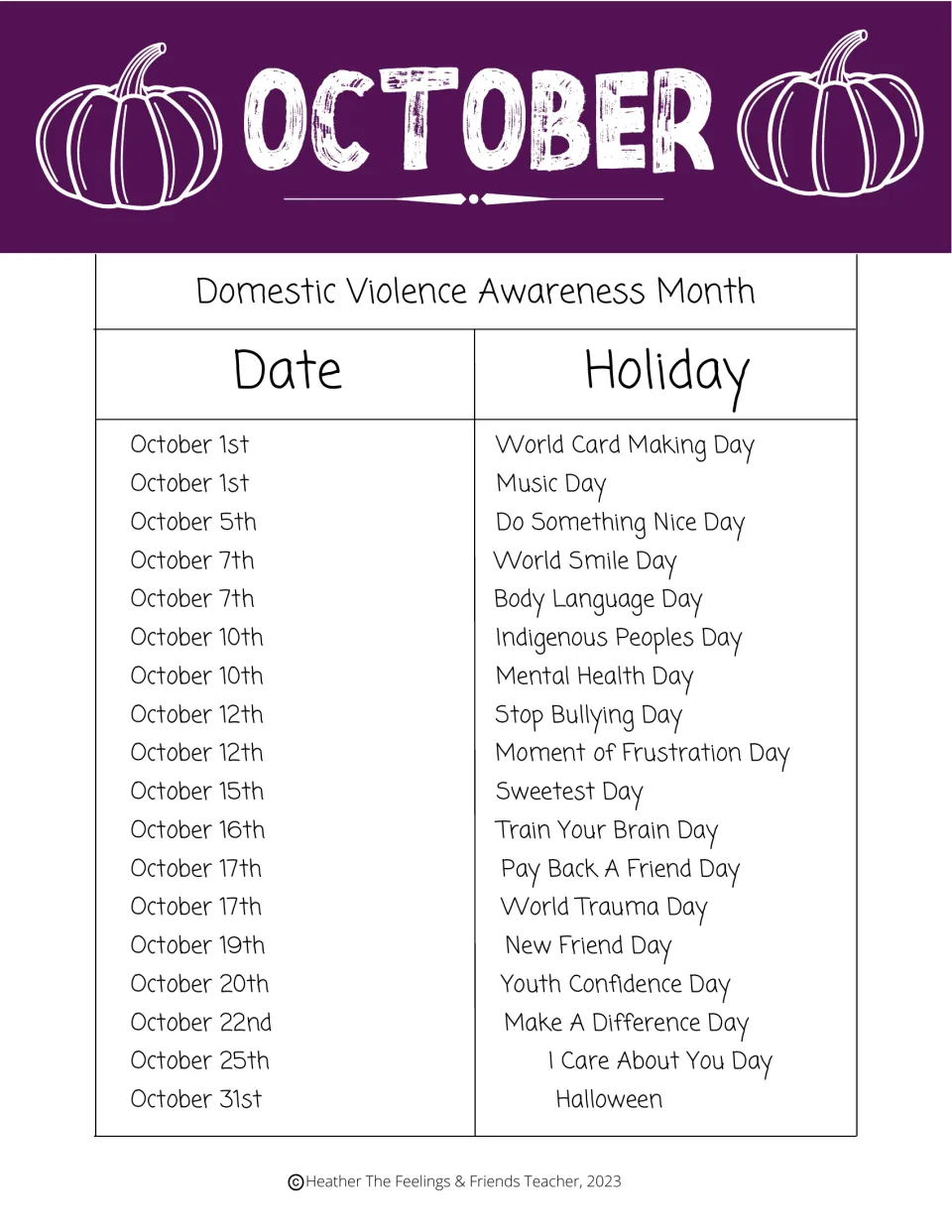 October holiday list: Domestic Violence Awareness Month, Stop Bullying Day, New Friend Day, and Halloween